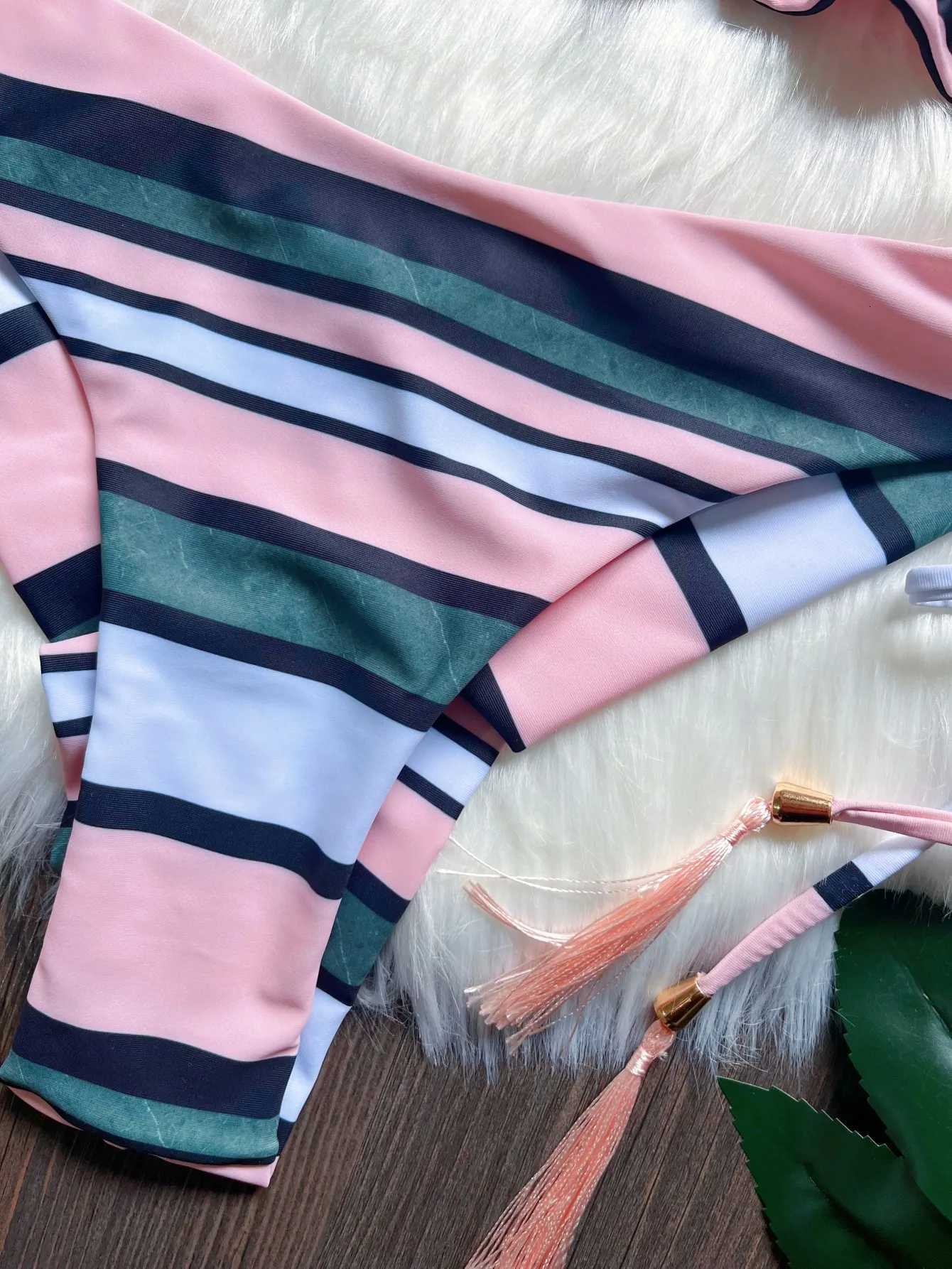 Striped print womens sexy bikini swimsuit split set with straps and tassels 2-piece set summer beach swimsuitT260318