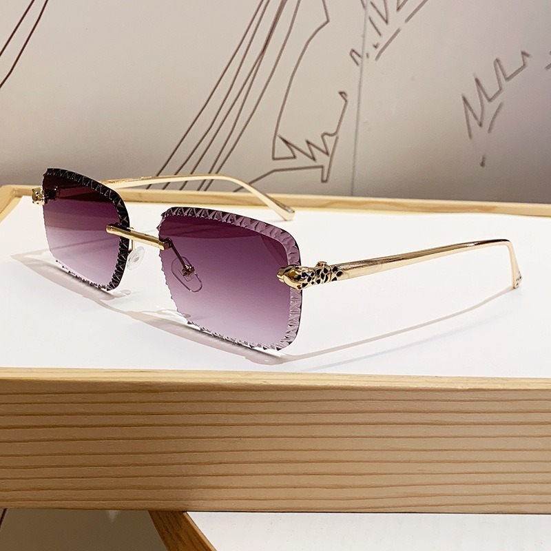Brand Designer European And American New Leopard Head Frameless Sunglasses For Women, Light Luxury Style, Metal Square Floral Lens Fashion Sun