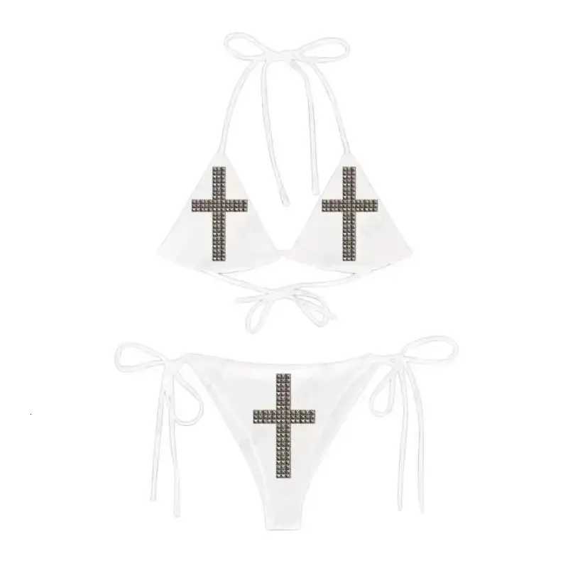 Summer Y2K Streetwear Cross Studded Bikini Set Women Halter Triangle Top Tie Side Bottom Two Piece Swimsuit Bathing SuitT260318