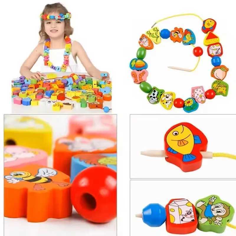 Monterssori Baby DIY Wooden Toys Cartoon Fruit Animal Stringing Threading Wooden Beads Educational Toys for Kids Christmas Gift Y260319