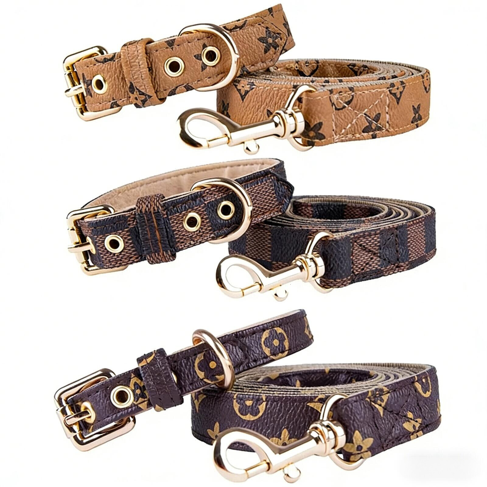 Leather Dog Collar Leashes Set Fashion Patterns Designer Collars for Small Medium Dogs Cat Chihuahua Teacup Puppies Shih Tzu Poodle Brown