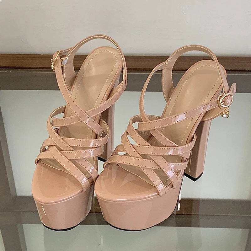 Liyke Runway Style 16CM Thick High Heels Platform Sandals Sexy Narrow Band Ankle Strap Open Toe Party Dress Women Shoes Apricot 260316
