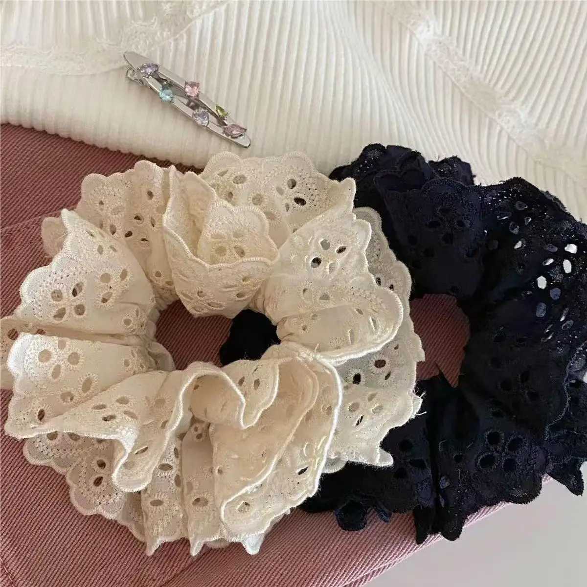 Elegant Embroidered Hollow Lace Double-Layer Large Intestine Hairband Hair Accessories For Women H260319