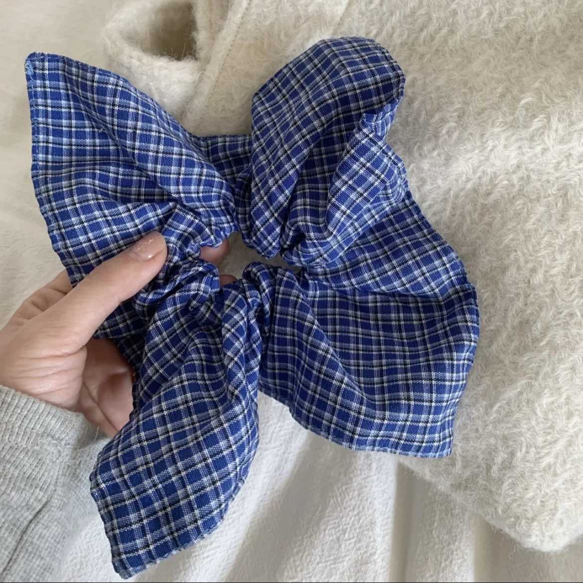 Preppy - Style Blue Plaid Hair Scrunchie Large Bow - Shaped Hair Tie Cute And Retro Hair Accessory For Women H260319