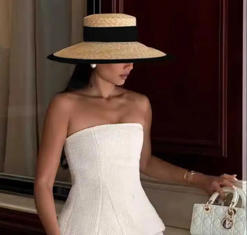 Straw summer hat French elegant ladies seaside travel sun hat Hepburn style wide brim hat 260318