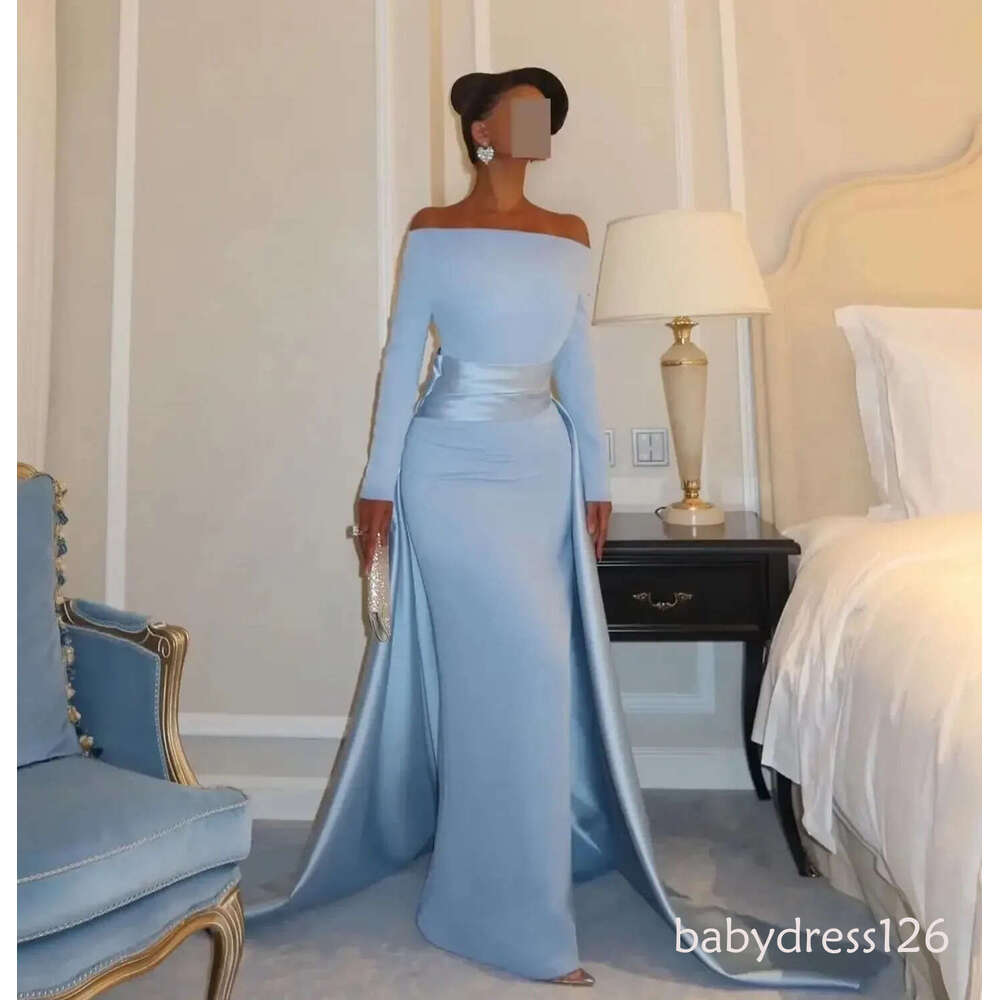Classic Sky Blue Sheath Evening Dress Off Shoulder Pleats Long Sleeves Satin Train Formal Prom Party Gowns Pageant Robe De Soriee Gala ZD19