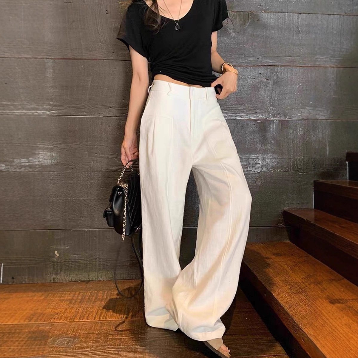 Designer Luxury Old Money Style Linen Ramie Wide-leg Pants For Women Essentials Summer Thin Essential Shorts High-waisted Slimming Loose Lazy Suit Str