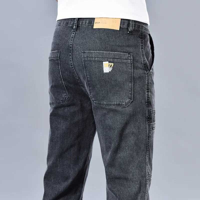 Fashion 6 Pockets Design Jeans Mens Blackgray Blue Stretch Straight Casual Denim Trousers Brand Clothing Cotton Male Pants M260319