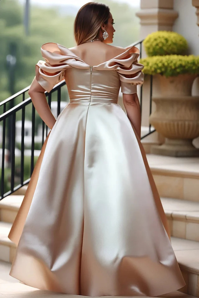 Plus Size Satin Evening Dress for Womens Off Shoulder Puff Sleeve Solid Elegant Cocktail Wedding Guest Maxi Dresses 260317
