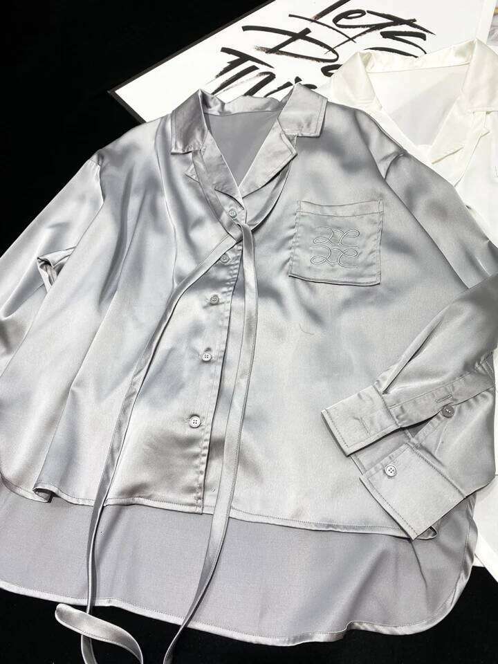 Luxury Oversized Loose Silk Satin Elegant Blouses Shirts Embroidered Designer Fashion Women Tops Trend Black Gray White Korean Style