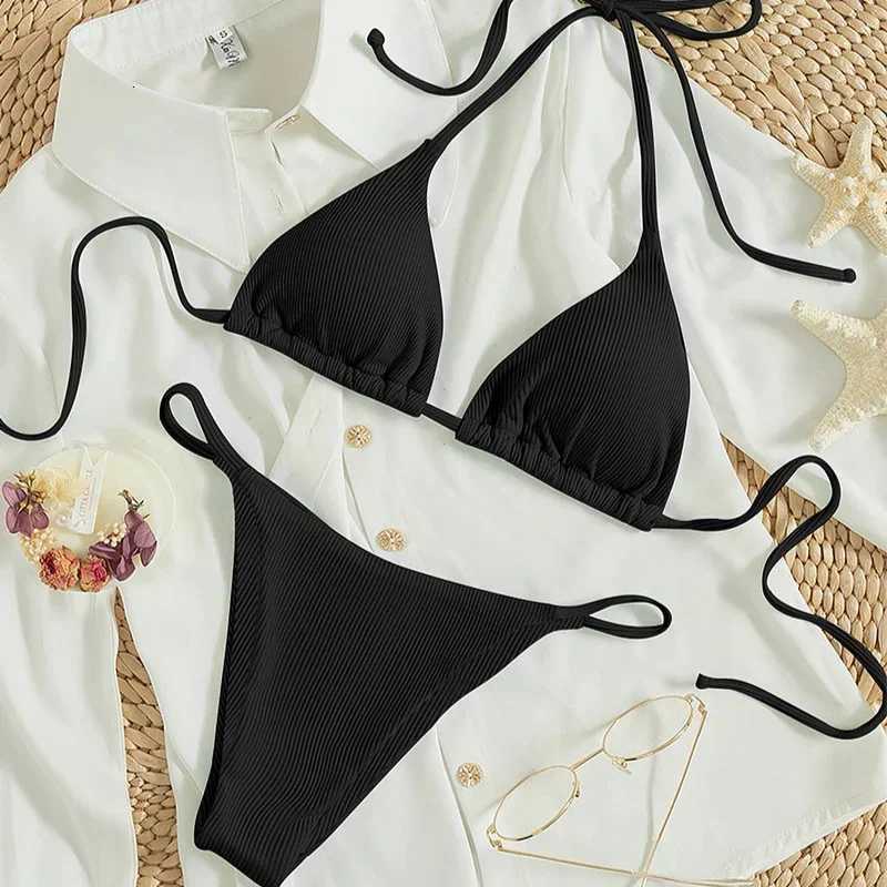 2024 Special Pit Stripe Fabric Bikini Set Women Sexy Simple Solid Halter Bikini Swimsuit High Waisted Lace Up Beach Bathing SuitT260318
