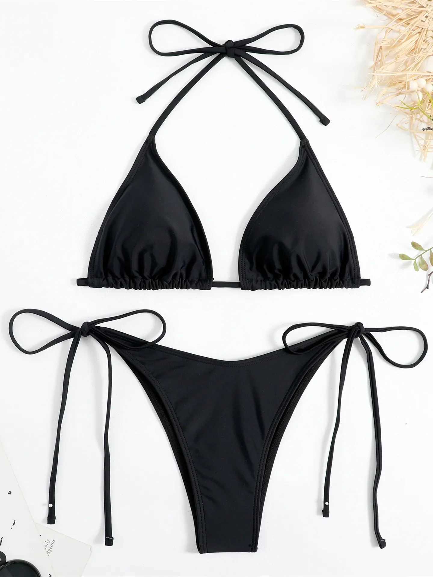 Sexy Brown Bikini 2025 Women Solid Red Halter Push Up Bra Tie Side Triangle Swimsuit Summer Bathing Suit Lace Up Micro SwimwearT260318