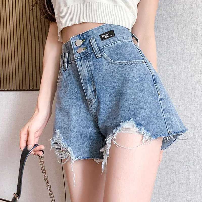 Summer Girls Korean Ripped Casual Jeans Women Blue Thin A-line Short Pants Female High Waist Baggy Mini Pants M260319