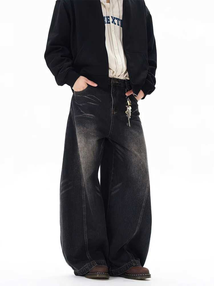 Vintage Black Washed Baggy Jeans Pants Men Wide leg Curved Blade Pants Streetwear Cowboy Casual Denim Straight Trousers M260319
