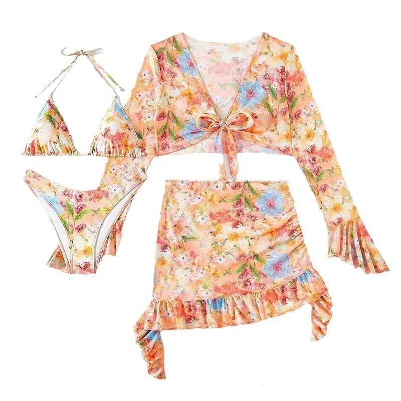 New Sexy Print Bikini Sets High Waist With Beach Skirt Long Sleeve Crop Top Swimwear Four Piece Bikini SetT260318