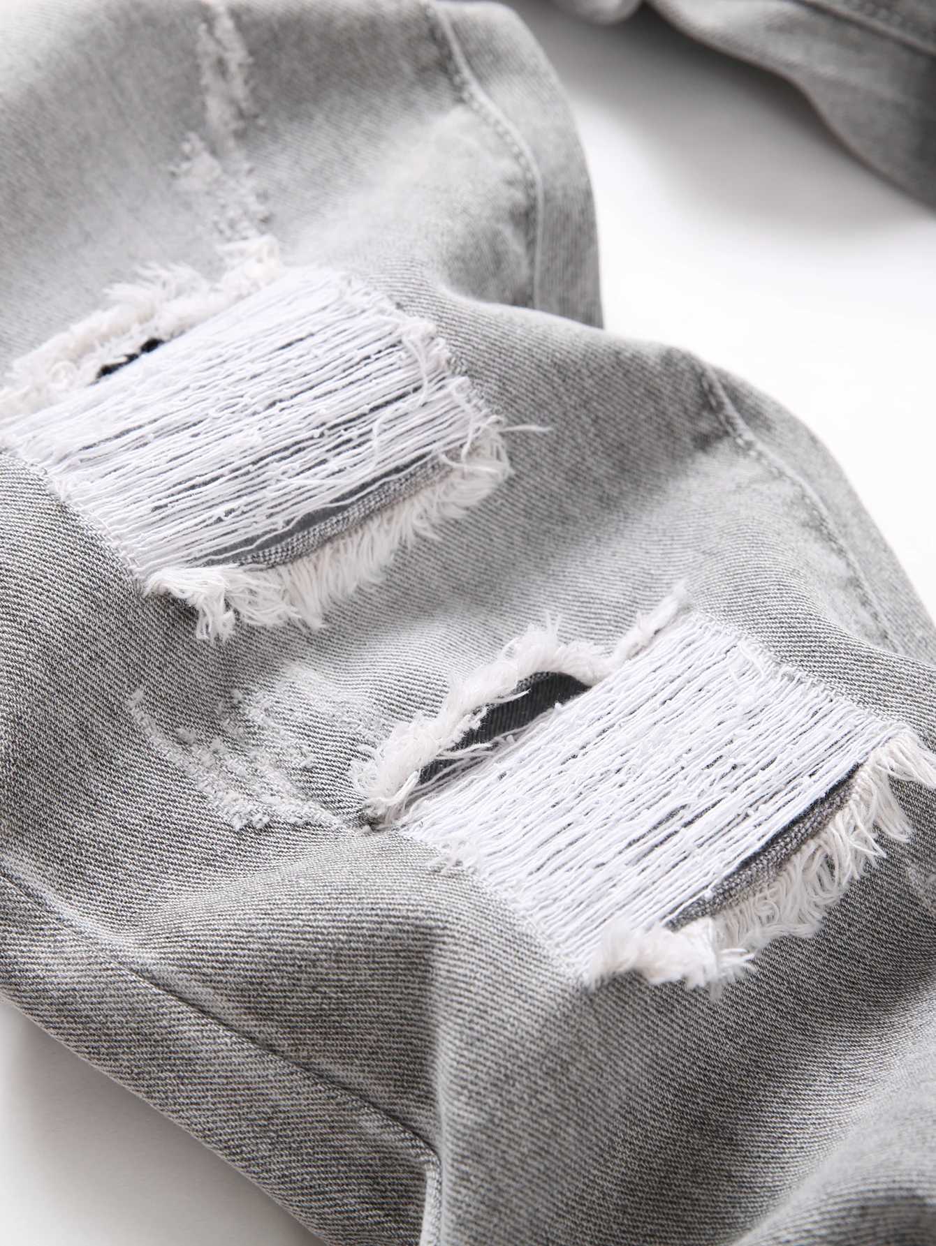 Y2K Mens Jeans - Trendy Gray Mid-Rise Straight Leg Distressed Ripped with Whisker Grunge Washes Cool Street Style M260319