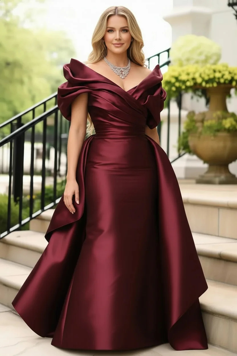 Plus Size Satin Evening Dress for Womens Off Shoulder Puff Sleeve Solid Elegant Cocktail Wedding Guest Maxi Dresses 260317