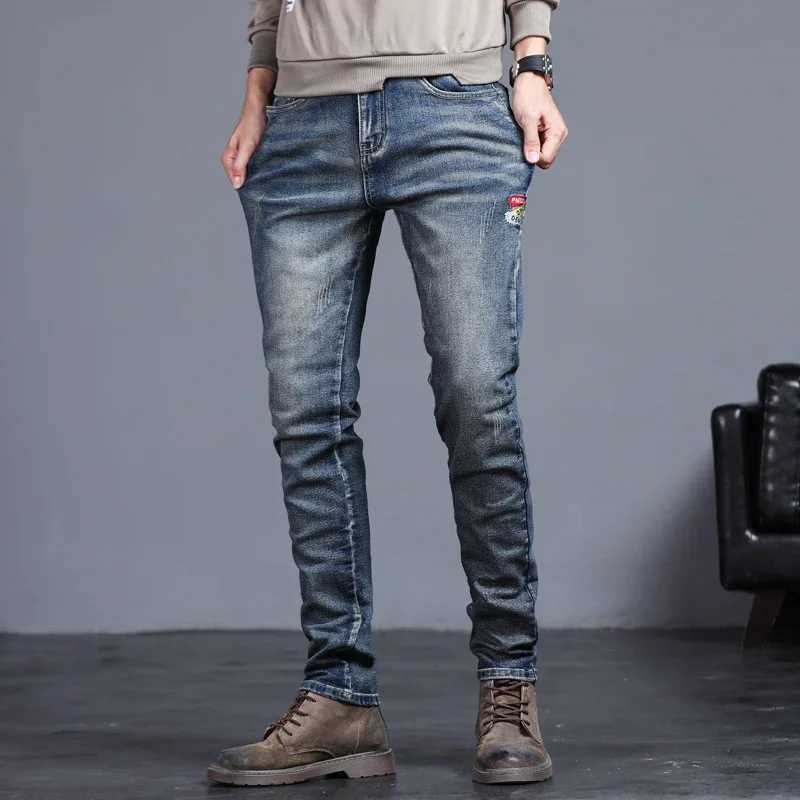 New Mens Vintage Jeans Korean Fashion Slim Little Feet Embroidered Trousers Stretch Male Streetwear Denim Pants M260319