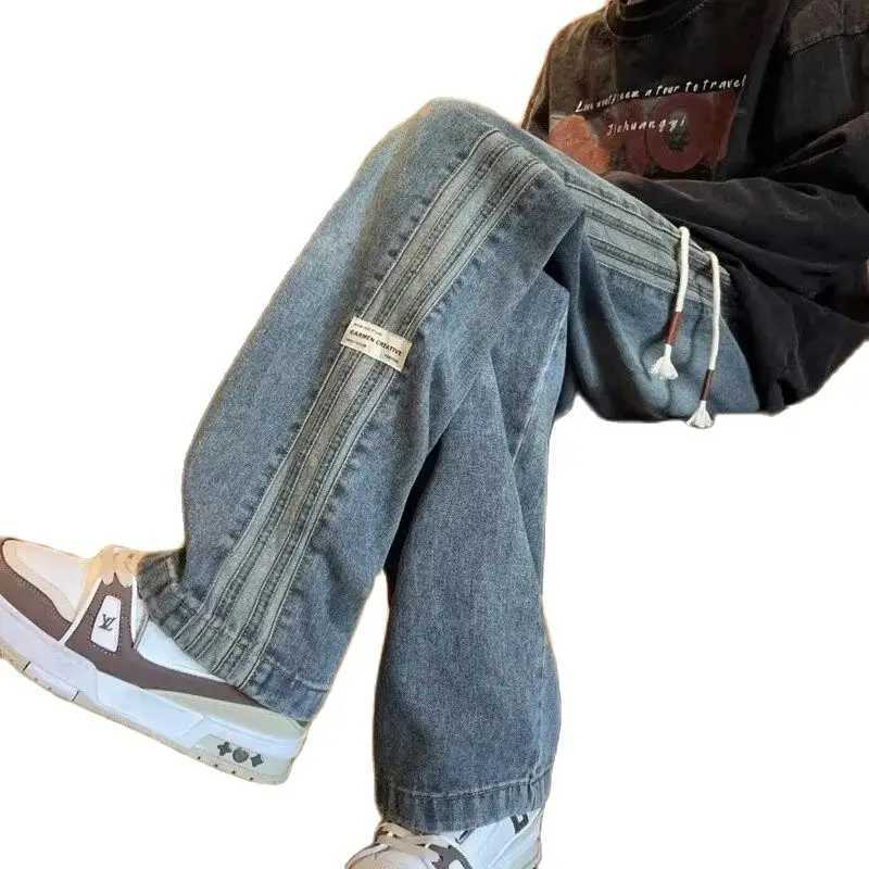 Three bar American retro jeans mens spring and autumn new style high street elastic waist loose casual mens straight leg long M260319