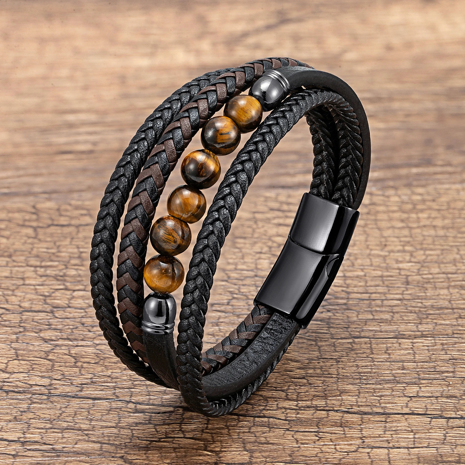 Natural Round Lava Stone Beaded Charm Bracelet Men Multilayer Woven Leather Bracelet Fashion Tiger Eye Jewelry Boyfriend Gift 260318