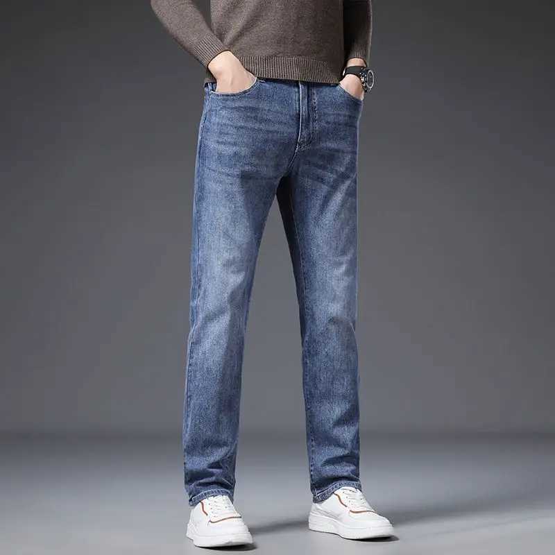 Korean Fashion Mens Soft Stretch Slim Fit Jeans Business Casual Straight Denim Pants Classic Brand Washed Blue Gray Trousers M260319