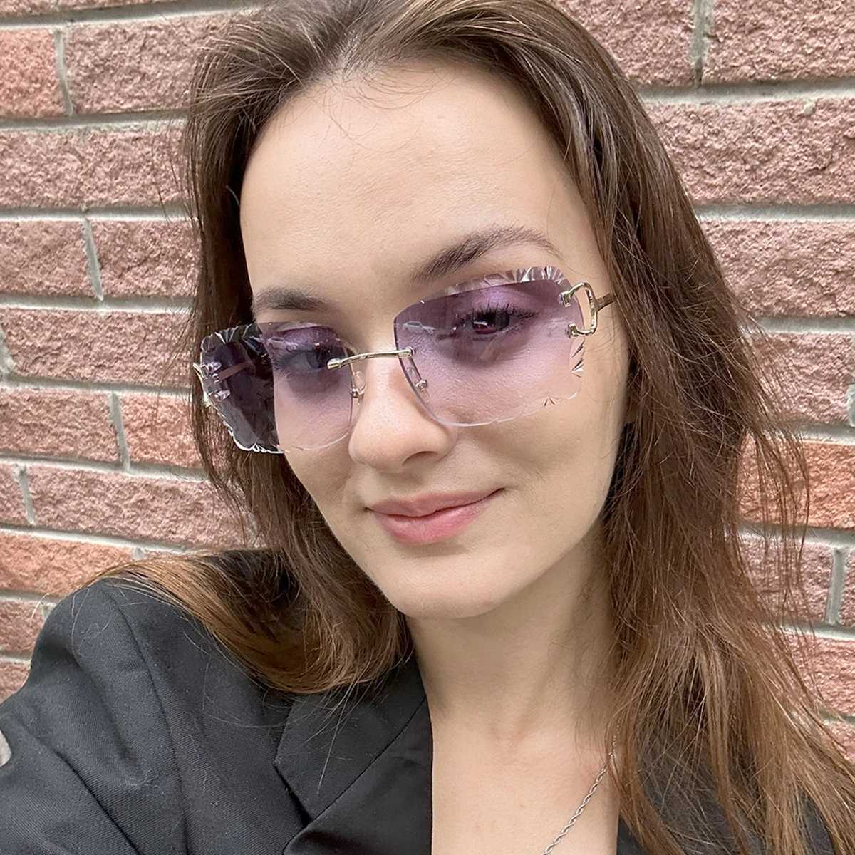 Ruiao Luxury high quality rimless diamond cut nylon lens UV400 Sunglasses fashion square metal legs glasses for men women H260319 - view 6