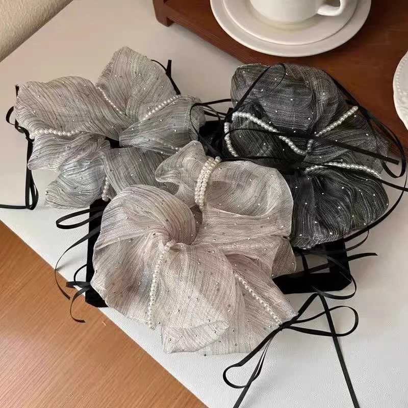 1PC Bowknot Beaded Tulle Scrunchie - Womens High-end Hair Rope Sweet and Elegant Hair-tie Elastic Band H260319