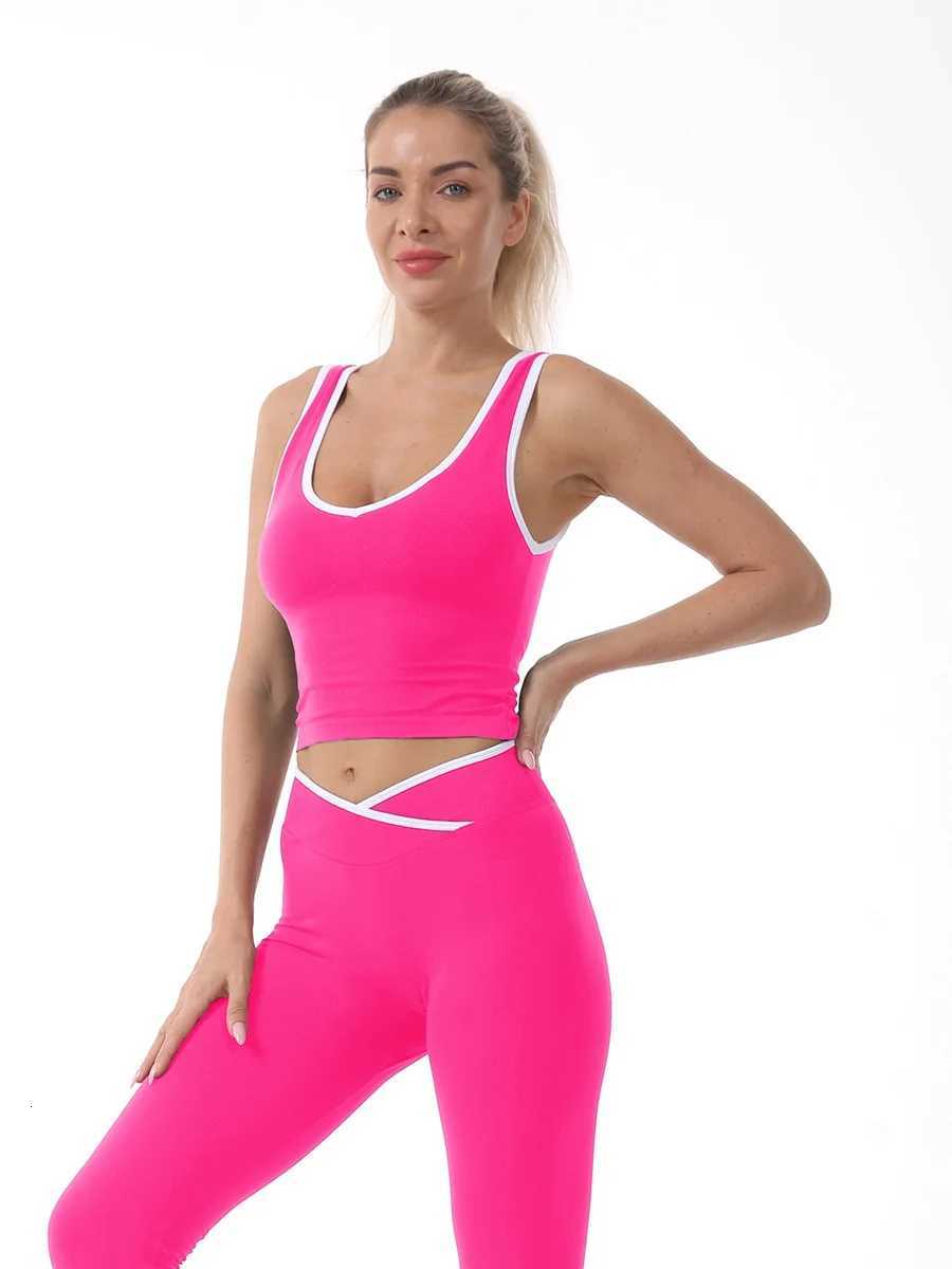 Color-blocking cross-waist yoga vest womens sports top with chest pads Z20260319