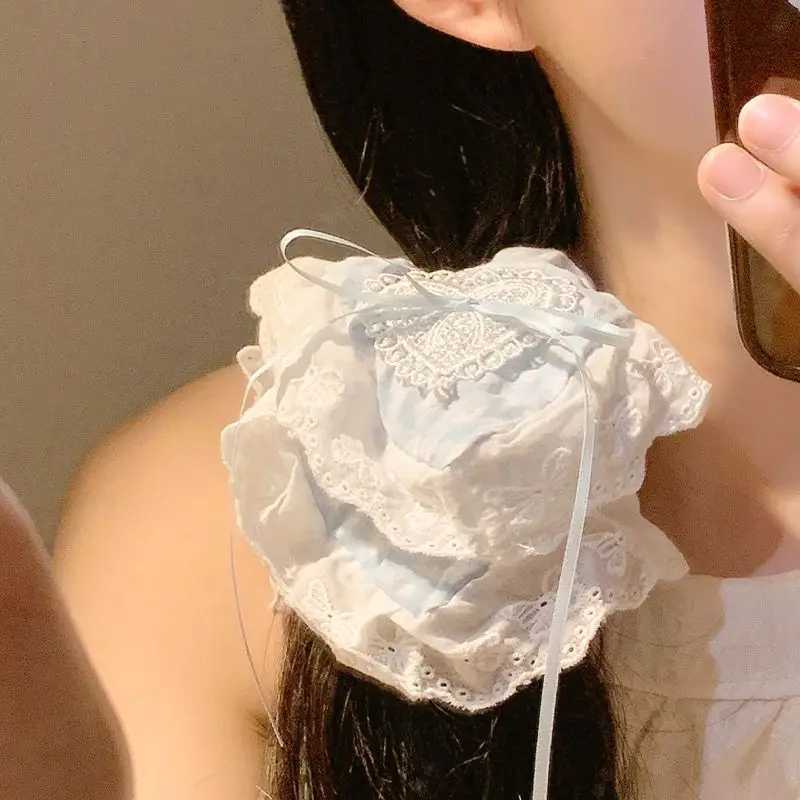 Ladies Hair Tie Blue Plaid Bow Lace Square Scarf Headband Korean Womens Oversized Hair Accessories Sweet Style Cute Scrunchies H260319