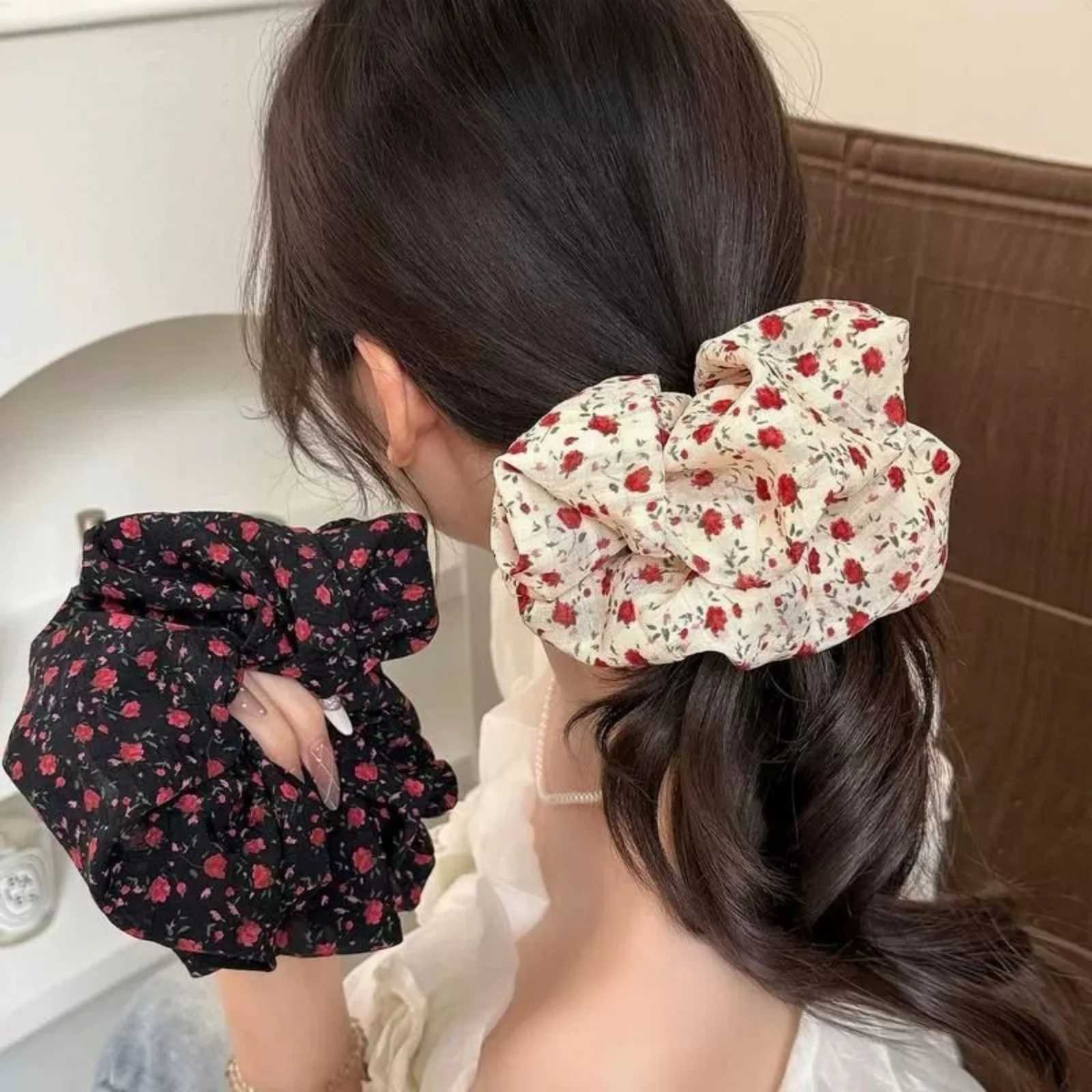 1PC 18cm Large Floral Scrunchies For Women Vintage Rose Print Big Hair Ties Elastic Hair Bands Hair Accessories H260319