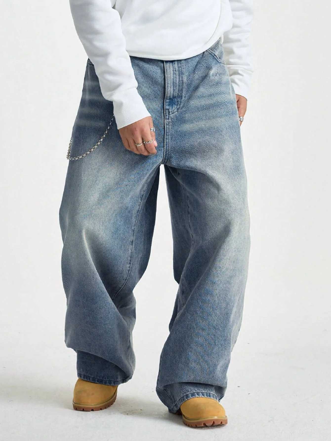1Pc Mens Wide Pants Brushed Jeans Wide Jeans Y2K New Rocks Jeans Buggy Black Hip-Hop Pants M260319
