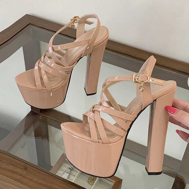 Liyke Runway Style 16CM Thick High Heels Platform Sandals Sexy Narrow Band Ankle Strap Open Toe Party Dress Women Shoes Apricot 260316