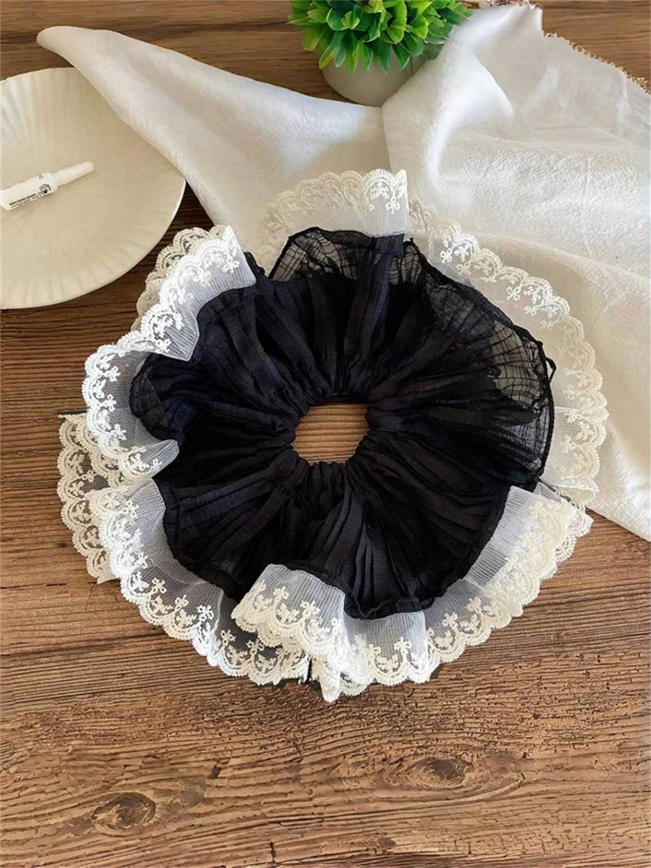 1/3Pcs Women Elegant Solid Color Pleated Double-Layer Lace Ruffle 28cm Super Large Hair Scrunchie Bohemian Style For Ponytail H260319