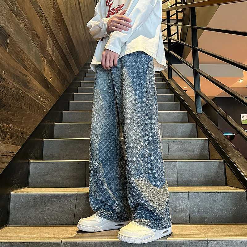 Jeans men Fashion hombre Jacquard Pattern Denim Pants Male Straight Fitting Baggy Bottoms Distressed Wide Jeans For Men M260319