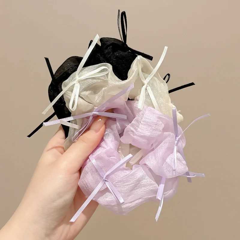 New Simple Bow Mesh Scrunchies Fairy Solid White Large Hair Ties Rope Women Rubber Hair Bands Kawaii Pink Purple Ponytail Holder H260319