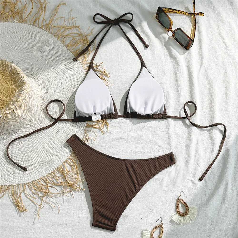 Brown String Halter Triangle Bikini Ribbed Solid Swimwears Sexy Swimsuit Women 2026 Padded Bikinis Sets Bathing Swimming SuitT260318