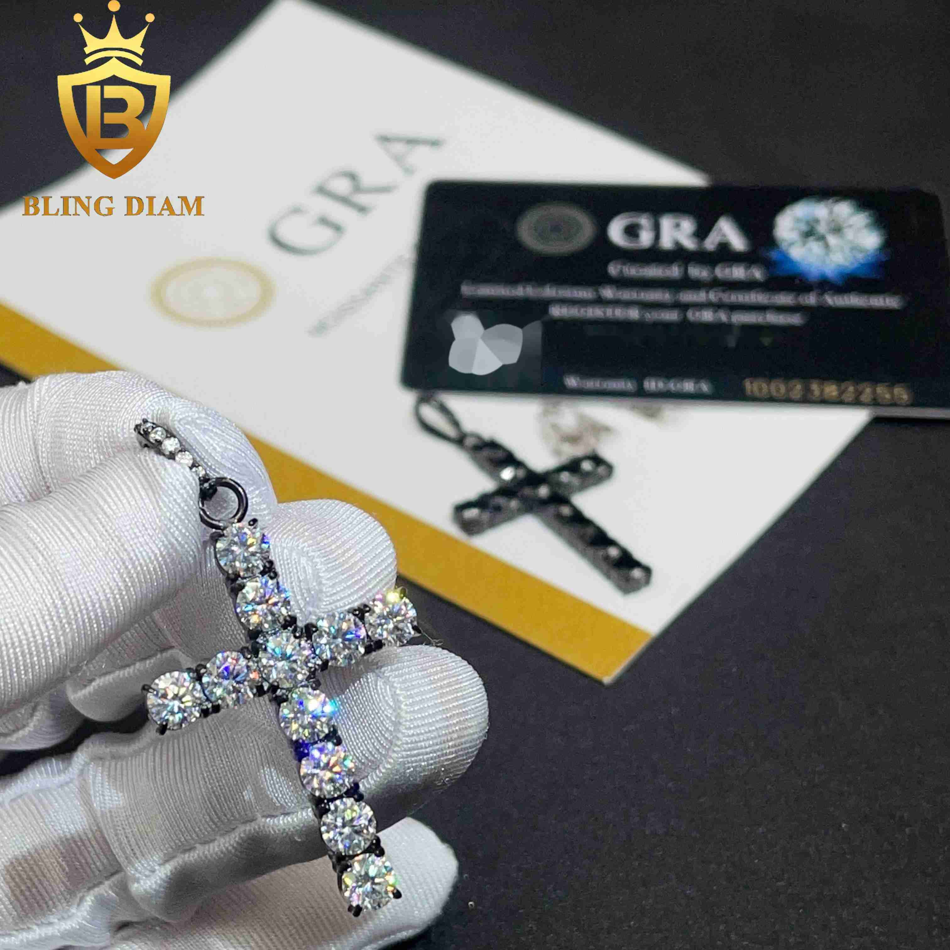 Blingdiam Jewelry Wholesale Iced Out Black Moissanite Gra Certificate Charms Stainless Steel Cross Pendants Necklace