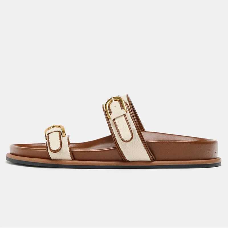 Fashion Denim White Slide Sandals Women Luxury Metal Belt Buckle Decoration Flat Slippers Summer Comfortable Women Beach Shoes Z260318 - view 3