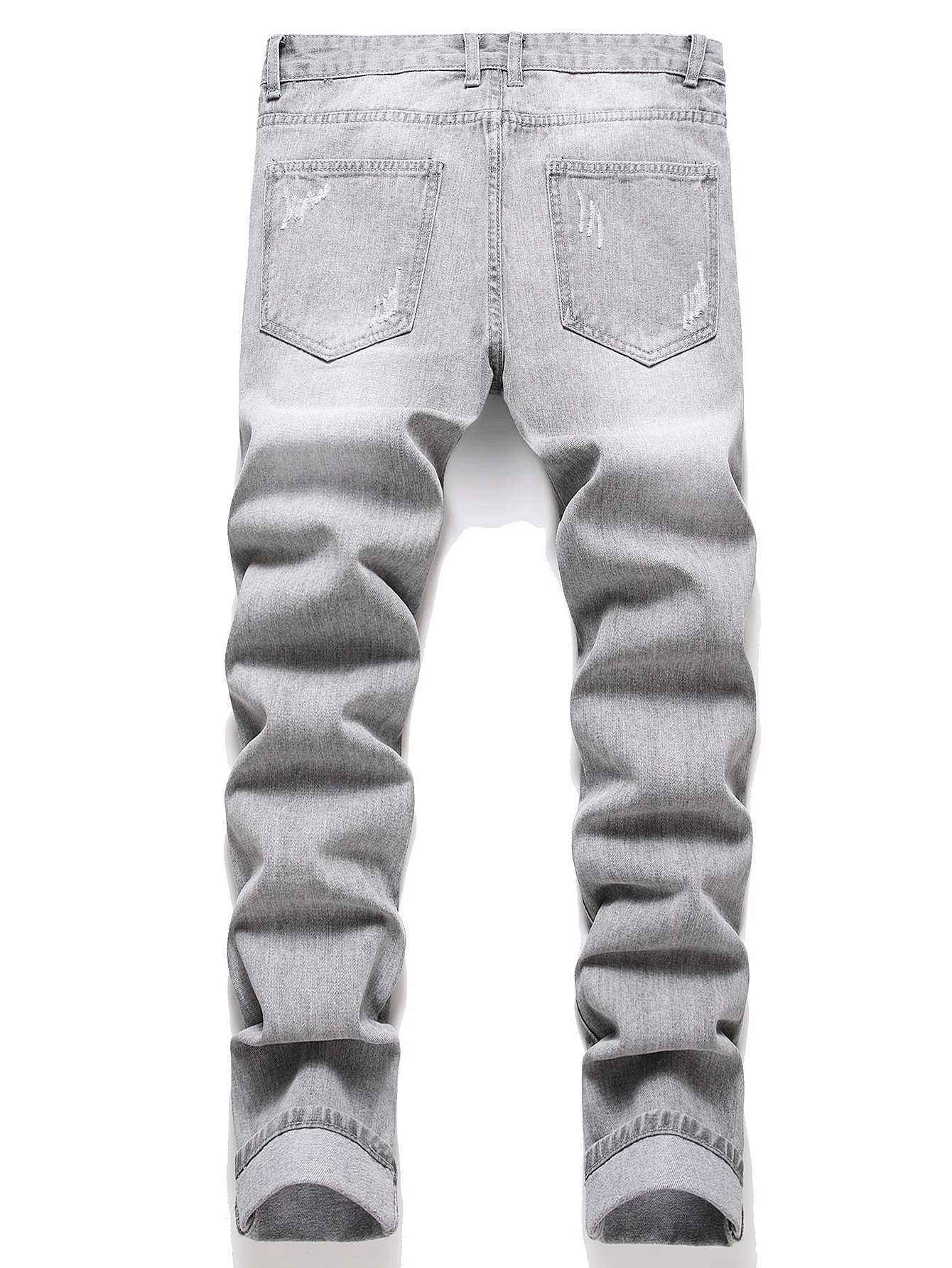 Y2K Mens Jeans - Trendy Gray Mid-Rise Straight Leg Distressed Ripped with Whisker Grunge Washes Cool Street Style M260319
