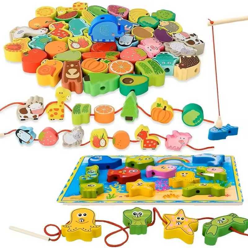 Monterssori Baby DIY Wooden Toys Cartoon Fruit Animal Stringing Threading Wooden Beads Educational Toys for Kids Christmas Gift Y260319