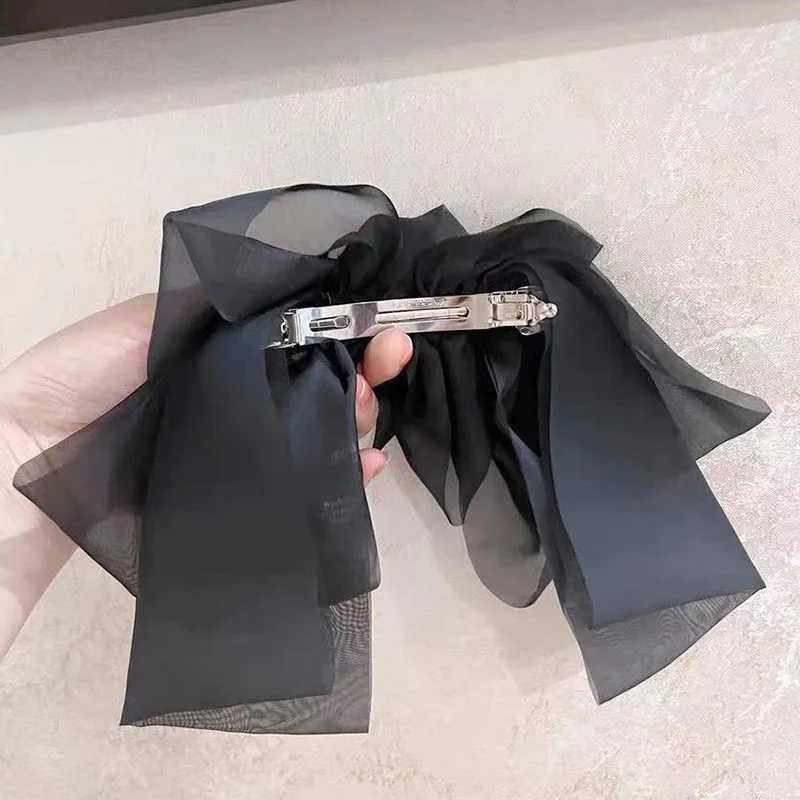 Black Beige Khaki Oversize Bow Hairpin for Women Cute Net Yarn Bowknot Ribbon Clip Hair Clip Korean Chiffon Hair Accessories H260319