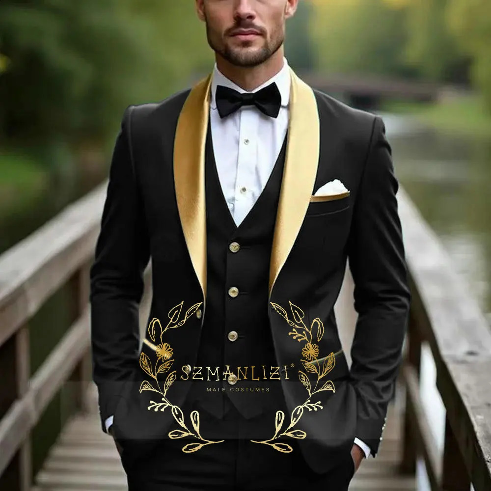Oil Green Men Suit Business Tuxedo Formal Gold Satin Lapel Groom Groomsman Wedding Party Prom Male 3 Piece Set Blazer Vest Pants 260319