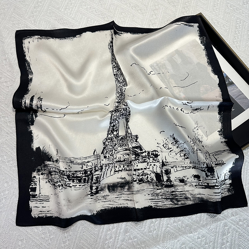 Black Paris Tower Print 100% Silk Scarf for Women - Summer Lightweight Fashion Silk 53cm Small Square Necktie Neck Scarf Neck Guard