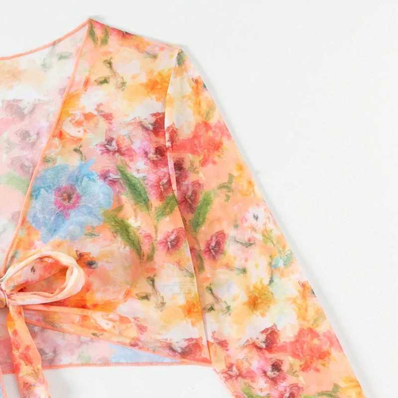 New Sexy Print Bikini Sets High Waist With Beach Skirt Long Sleeve Crop Top Swimwear Four Piece Bikini SetT260318