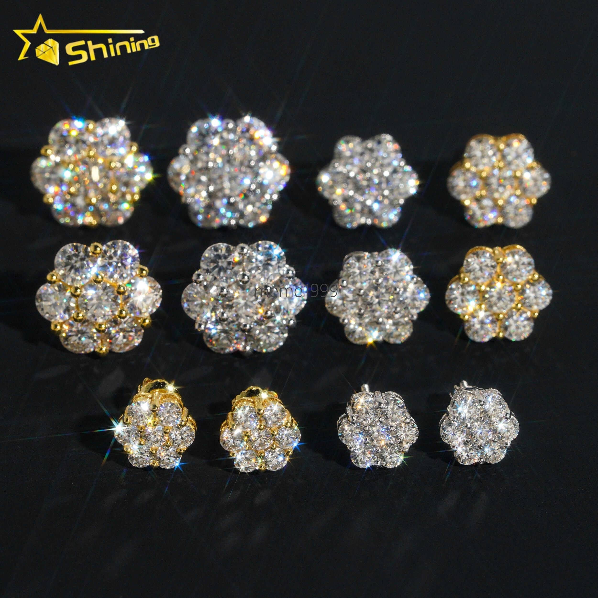 Hot Selling Trendy Sparkle Lab Grown Diamond 10k Yellow Gold Cluster Flower Mens Moissanite Earring