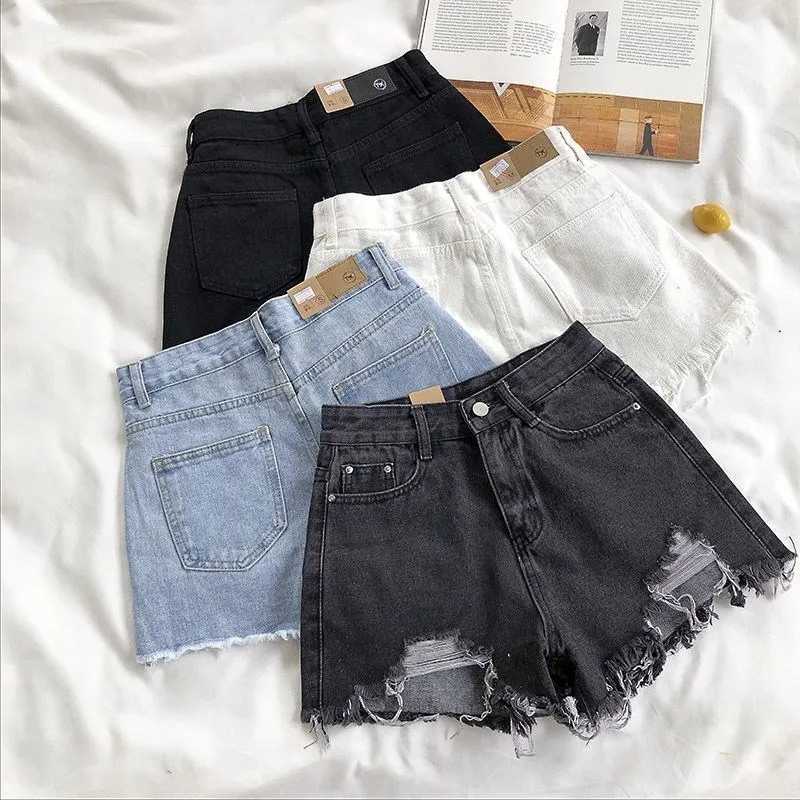 Korean Denim Shorts Women Summer Fashion Casual High Waist Ripped Jeans Pocket Tassel Y2K Hot Pants Streetwear Blue Trousers M260319