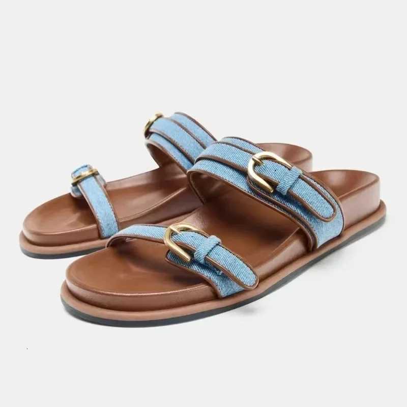 Fashion Denim White Slide Sandals Women Luxury Metal Belt Buckle Decoration Flat Slippers Summer Comfortable Women Beach Shoes Z260318 - view 6