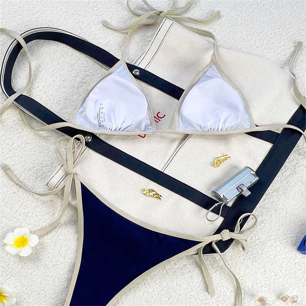 Vintage Blue Bikinis Set Triangle Border String Swimsuit Push Up Swimwear Backless Extrem Bikini Women Beach Outfit Bathing SuitT260318