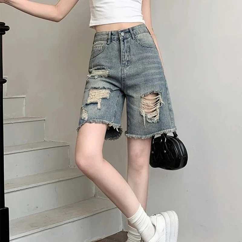 Summer Girls High Waist Baggy Cropped Jeans New Raw Edge Female Denim Pants Lady Chic Ripped Solid Denim Shorts M260319