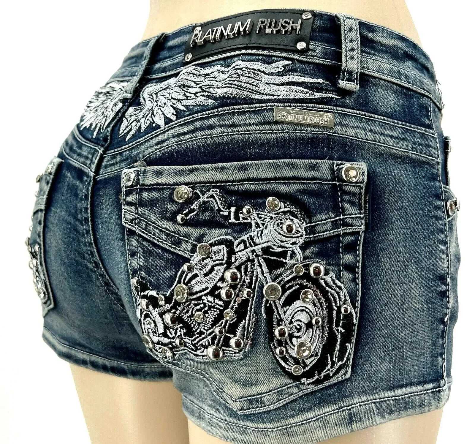Women RiderMotorcycle Wing Rivet EmbroideryShorts Y2k Vintage GoTHic Hot Sexy Washed Denim Shorts Low Waist Mini Skirts M260319